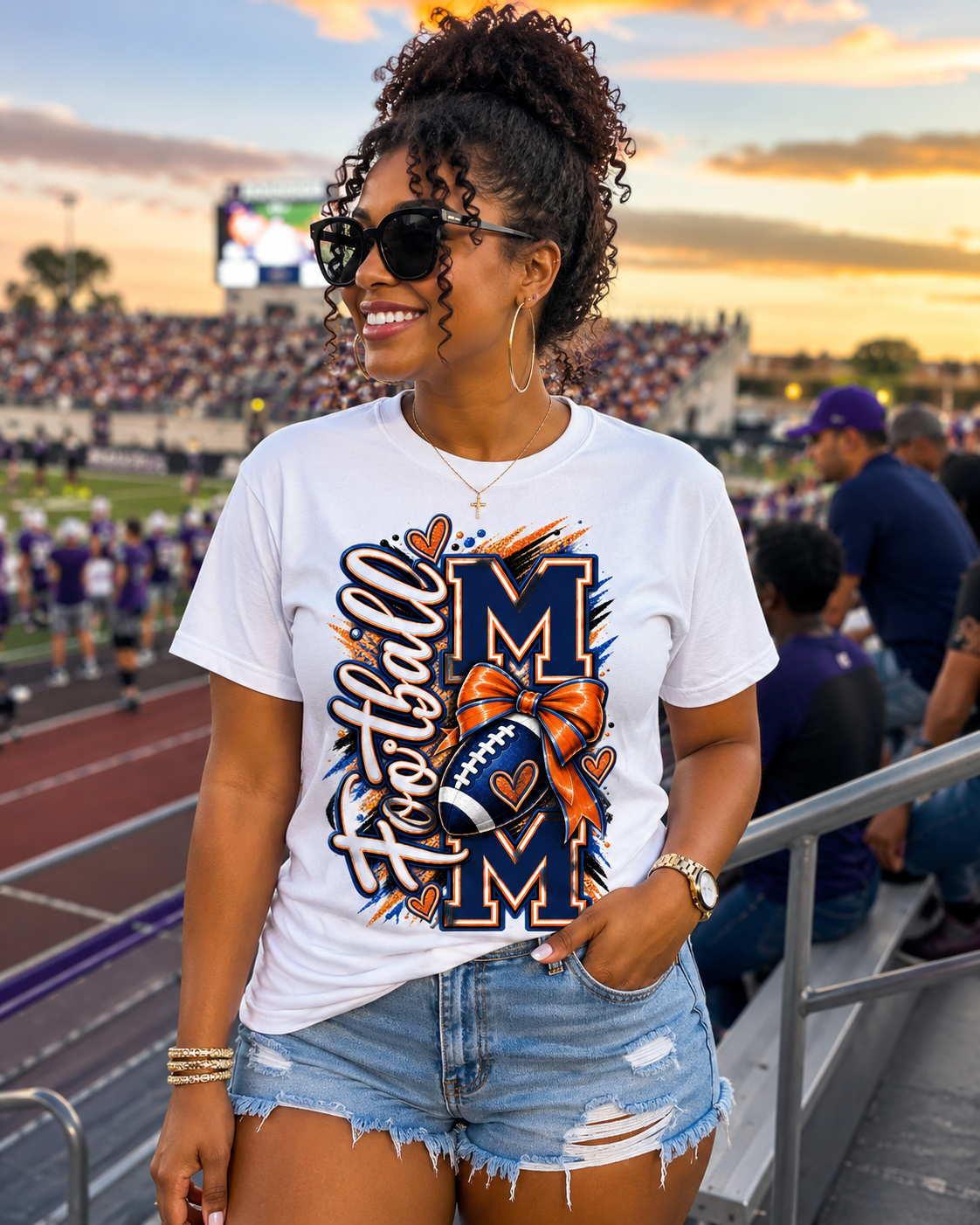 Football Mom purple crop graphic tee worn at a youth football game