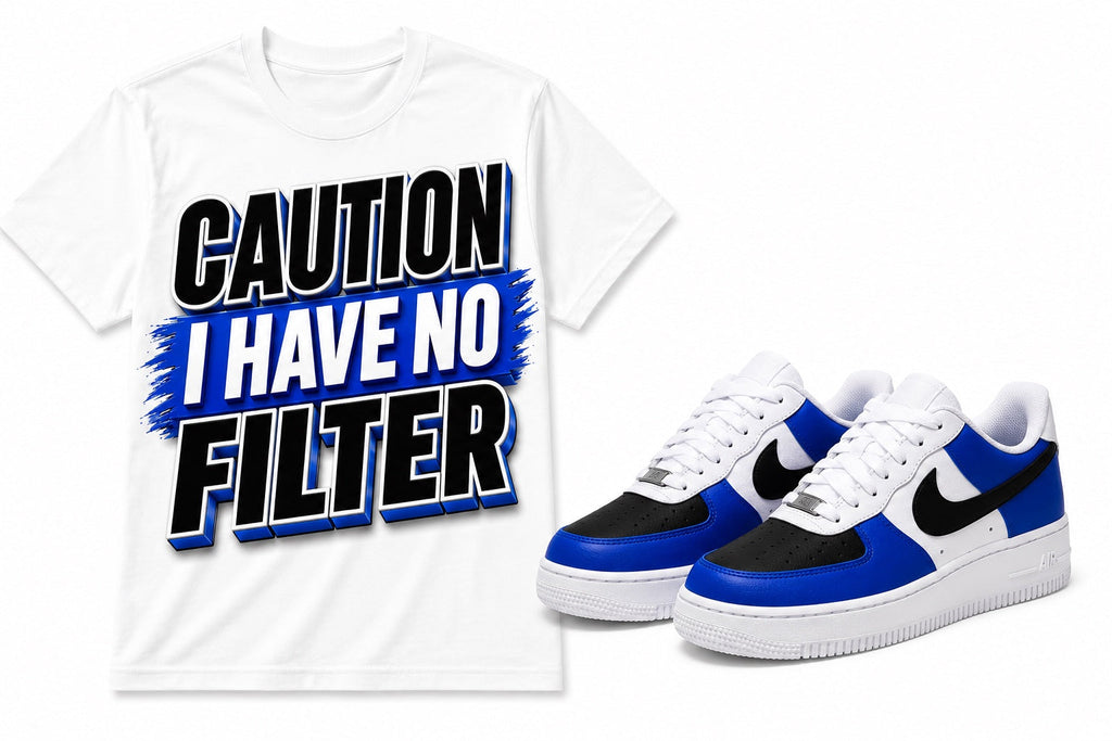Caution I Have No Filter white graphic tee with royal blue brushstroke design