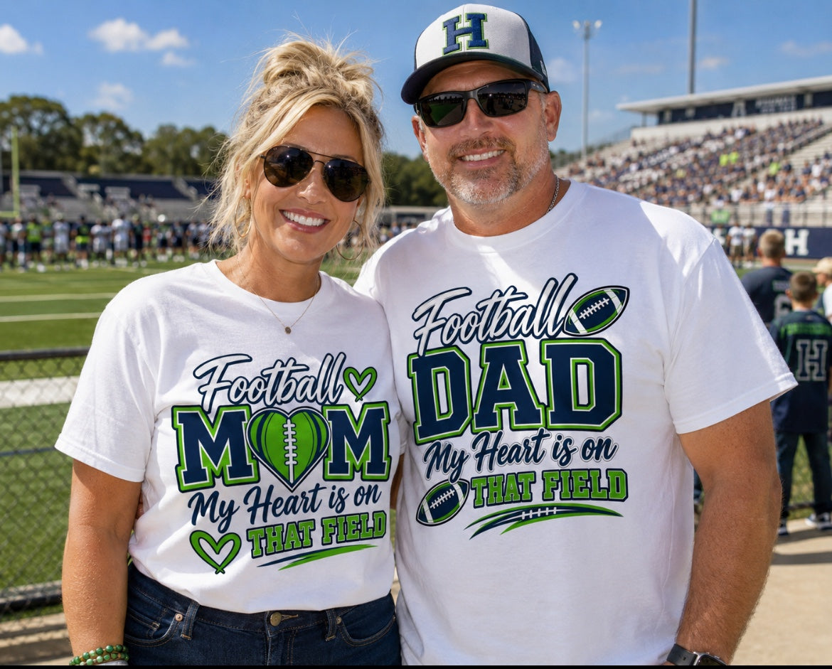 Football Mom and Dad graphic tee – blue colorway with helmets