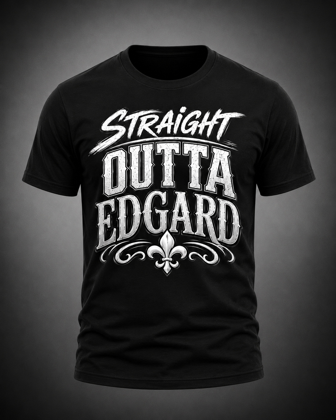 Straight Outta Edgard black graphic t-shirt with distressed lettering and fleur-de-lis
