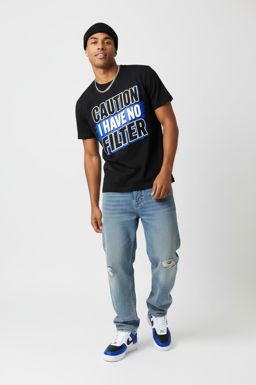 Caution I Have No Filter Black Tee - On Model Mockup