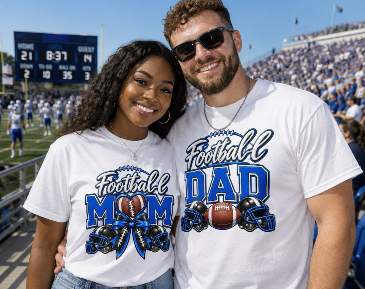 Football Mom and Dad graphic tee – purple colorway on black shirt