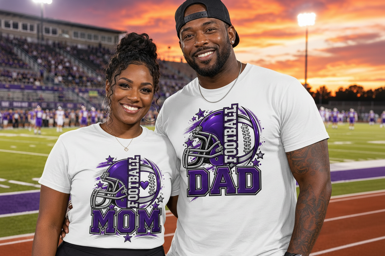 Football Mom & Dad – Purple Design on White Tee